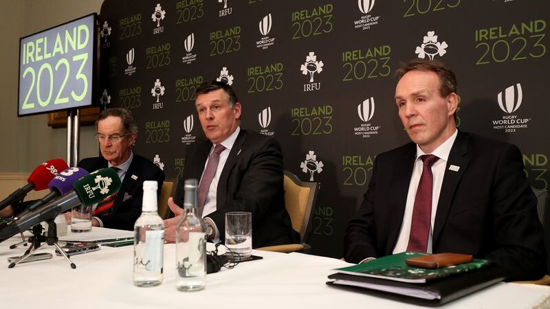 Dick Spring of the Bid Oversight Board, IRFU CEO Philip Browne and Kevin Potts, IRFU COO at a press conference in the Merrion Hotel following a two-day visit from the World Cup Technical Review Group. Photograph: Dan Sheridan/Inpho