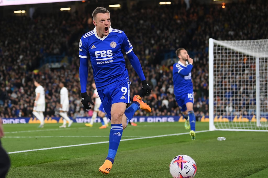 Jamie Vardy celebrates scoring against Leeds to rescue a point for Leicester at Elland Road. Photograph: Michael Regan/Getty Images
