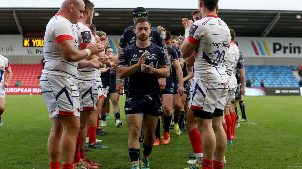 Connacht’s Caolin Blade leads his team off the field after a 34-13 defeat to Sale Sharks in October 2018 at the AJ Bell Stadium in Manchester. Photograph: Bryan Keane/Inpho