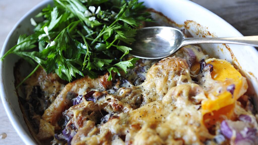 Parsley salad with shallots and capers adds zing to the bake. Photograph: Aidan Crawley