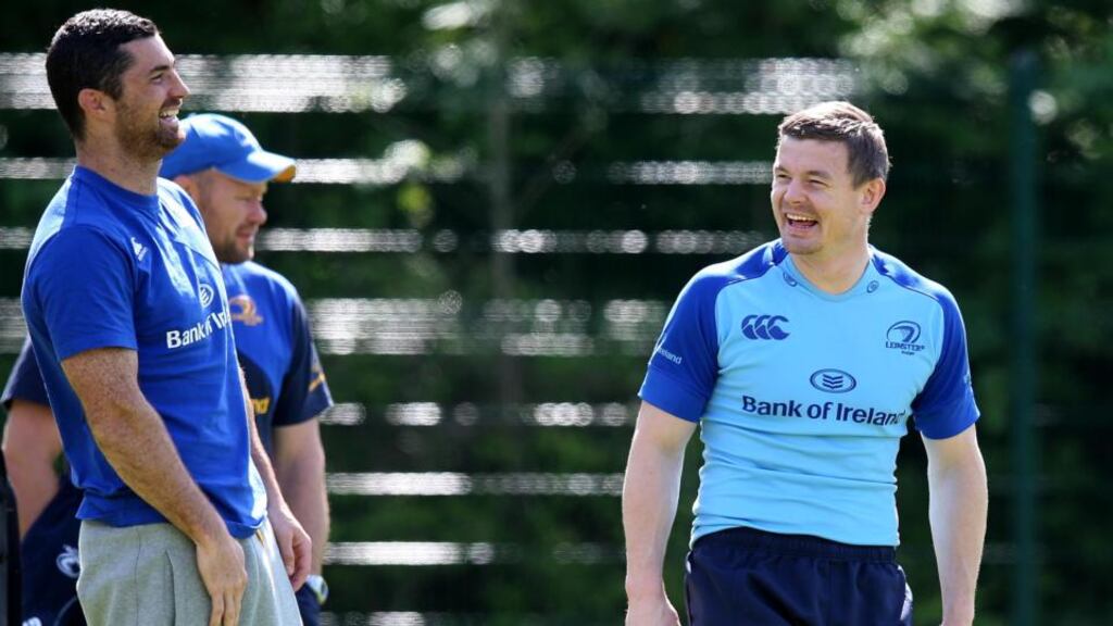 Rob Kearney and Brian O’Driscoll share a lighter moment during a Leinster squad training a session at UCD ahead of the Pro 12 final on Saturday. Photograph: Inpho