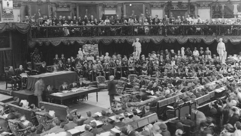 The Dáil in session in the Round Room in 1921. Photograph: Topical Press Agency/Getty Images