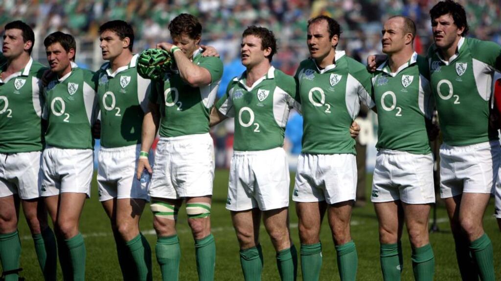 From left: Denis Leamy, Ronan O’Gara, David Wallace, Simon Easterby, Gordon D’Arcy, Girvan Dempsey, Denis Hickie and Shane Horgan on St Patrick’s Day 2007 as Ireland took on Italy in Stadio Olimpico. Photograph: INPHO/Dan Sheridan