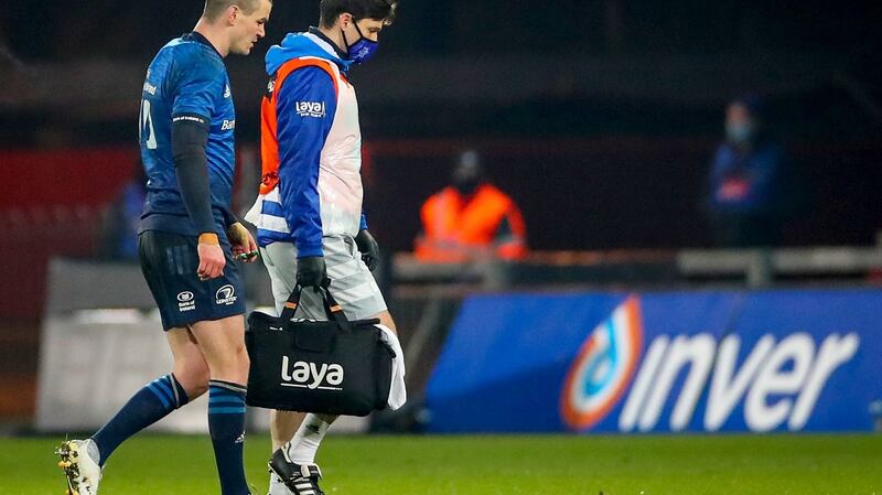 Johnny Sexton goes off injured during Leinster’s win over Munster. Photograph: James Crombie/Inpho