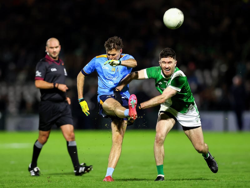 Salthill-Knocknacarra's Robert Finnerty is challenged by Moycullen's Eoghan Kelly. Photograph: Tom O’Hanlon/Inpho