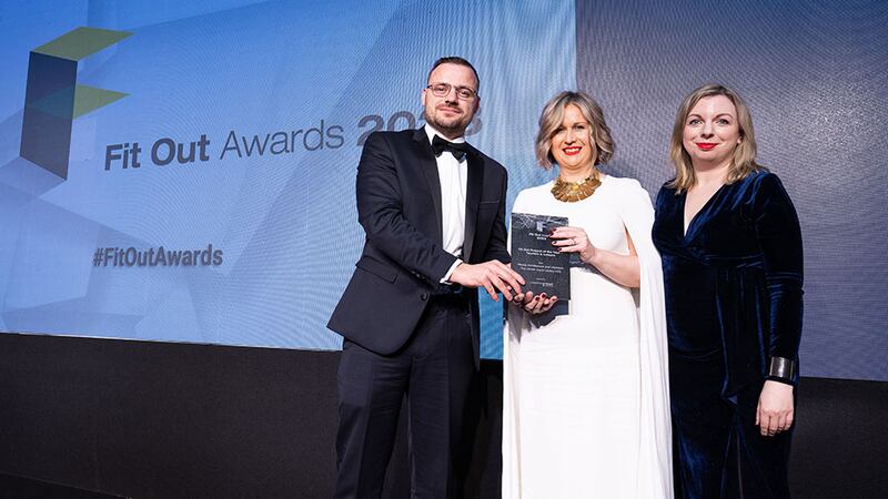 Garth Heaney, director at Johnston Fit Out Group, presents the fit out project of the year – tourism & leisure award to Lisa Smyth and Alison Ahern, Reddy Architecture and Urbanism