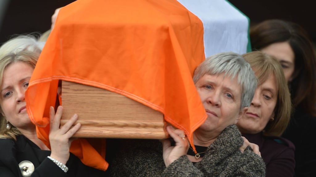 Former minister of state Donal Creed’s daughters carry his coffin from St Colman’s Church in Macroom, Co Cork after his funeral Mass. Photograph: Michael Mac Sweeney/Provision.