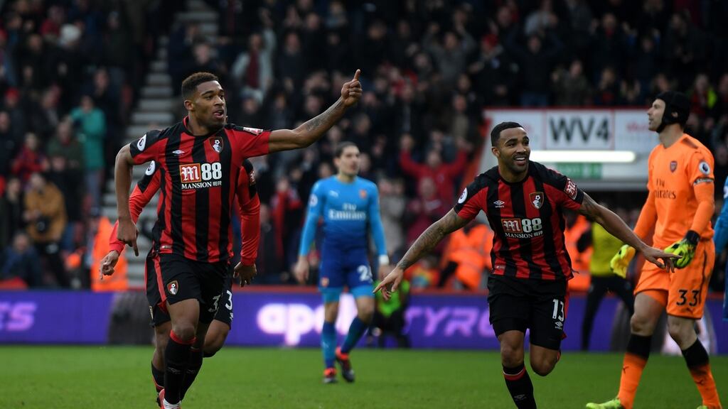 Jordon Ibe celebrates scoring Bournemouth’s winner with team-mate Callum Wilson during the Premier League match against Arsenal at the Vitality Stadium. Photograph: Mike Hewitt/Getty Images