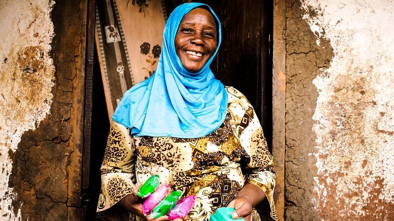 Marriam Jamali receives soap as part of a hygiene distribution by Concern Worldwide to help prevent the spread of Covid-19 in Lilongwe, Malawi. Photo: Concern Worldwide