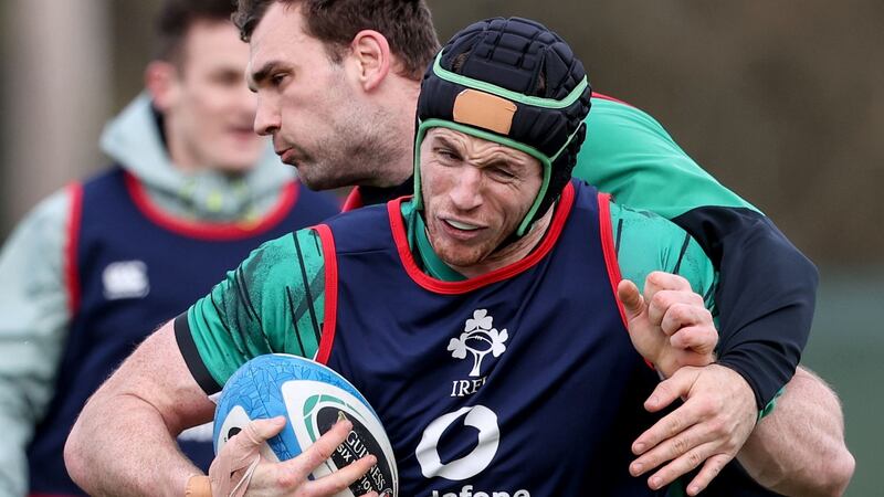 Ryan Baird, seen here in training on Wednesday with Tadhg Beirne, is in line to make his Ireland debut off the bench against Italy in Rome. Photograph: Dan Sheridan/Inpho