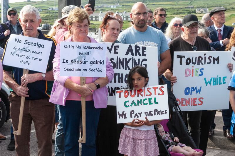 A protest in Portmagee, Co Kerry against the OPW not opening Skellig Michael for landings so far this season. Photograph: Stephen Power
