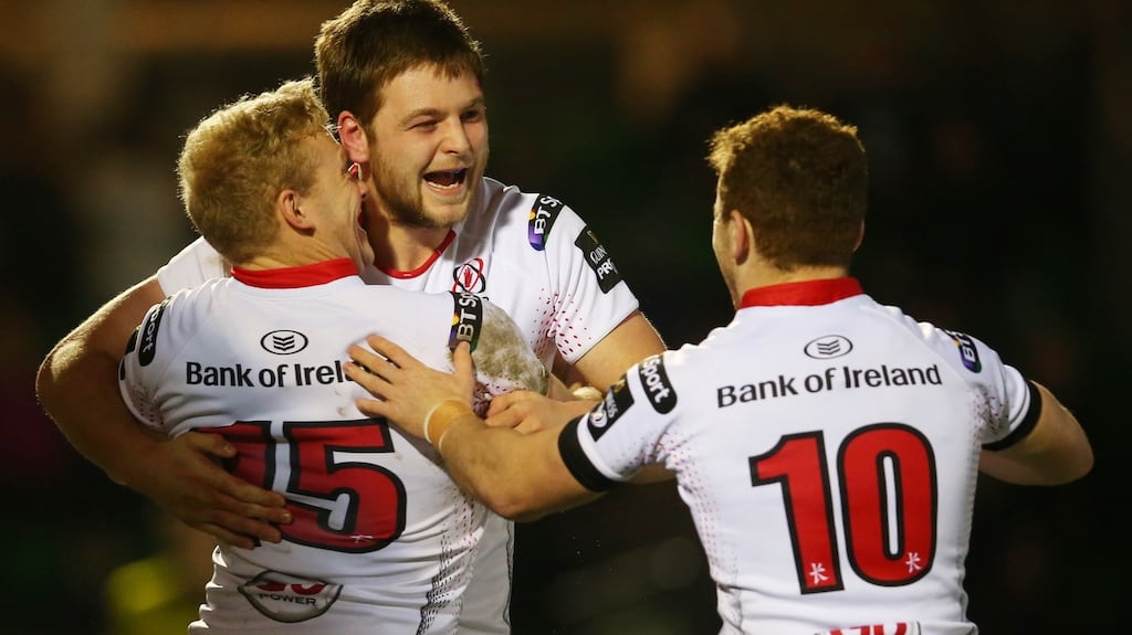 Ulster’s Iain Henderson celebrates a try with Stuart Olding and Paddy Jackson. “You need to have good team-mates and be in good teams.” Photograph: Ian MacNicol/Inpho