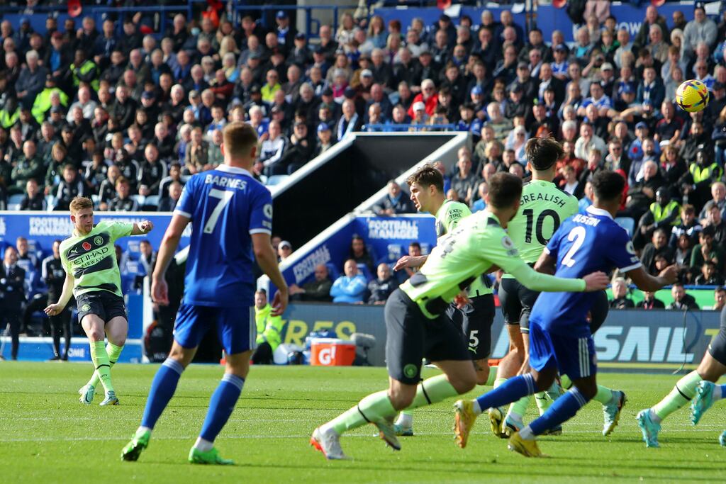 Manchester City's Kevin De Bruyne scores from a free-kick in the Premier League game against Leicester City at King Power Stadium. Photograph: Geoff Caddick /AFP via Getty Images