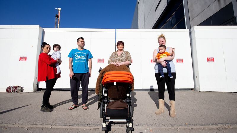 Local residents Samantha Johnston with son Jayden (1), Osman Kianizadeh, Eileen McDonnell and Michelle Corrigan with her son Kian (8 months), protesting outside a Townsend Street John Paul building site in Dublin on Tuesday. Photograph: Tom Honan/The Irish Times