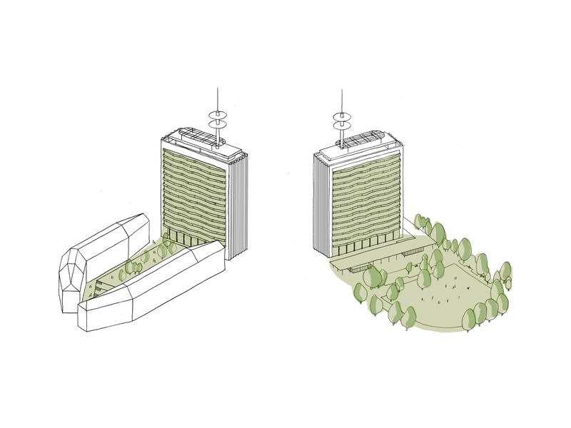 Visualisations and drawings of the redevelopment of the Telekom Tower