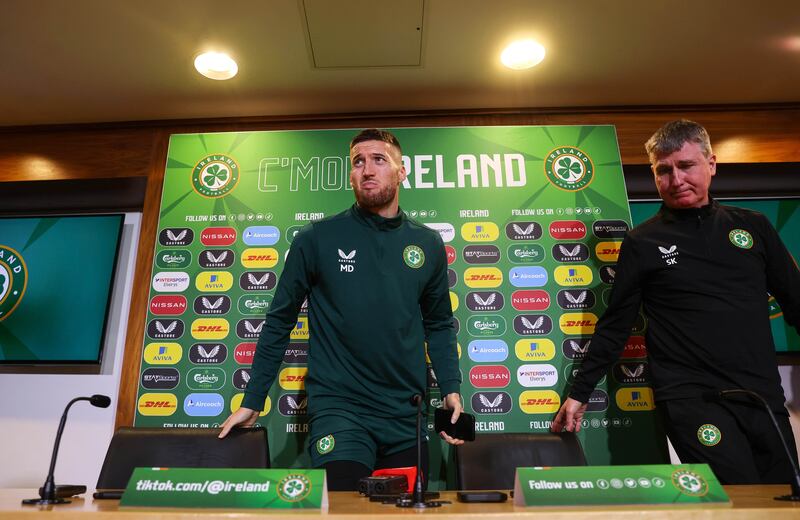 Matt Doherty and Stephen Kenny arrive for a press conference ahead of Ireland's friendly with Latvia. Photograph: Ryan Byrne/Inpho