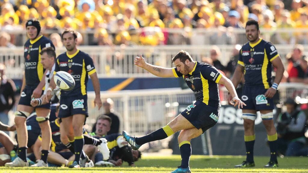 Clermont outhalf Camille Lopez kicks the first of his two drop goals in their Champions Cup semi-final semi-final against Leinster at Stade de Gerland in Lyon. Photograph: Billy Stickland/Inpho