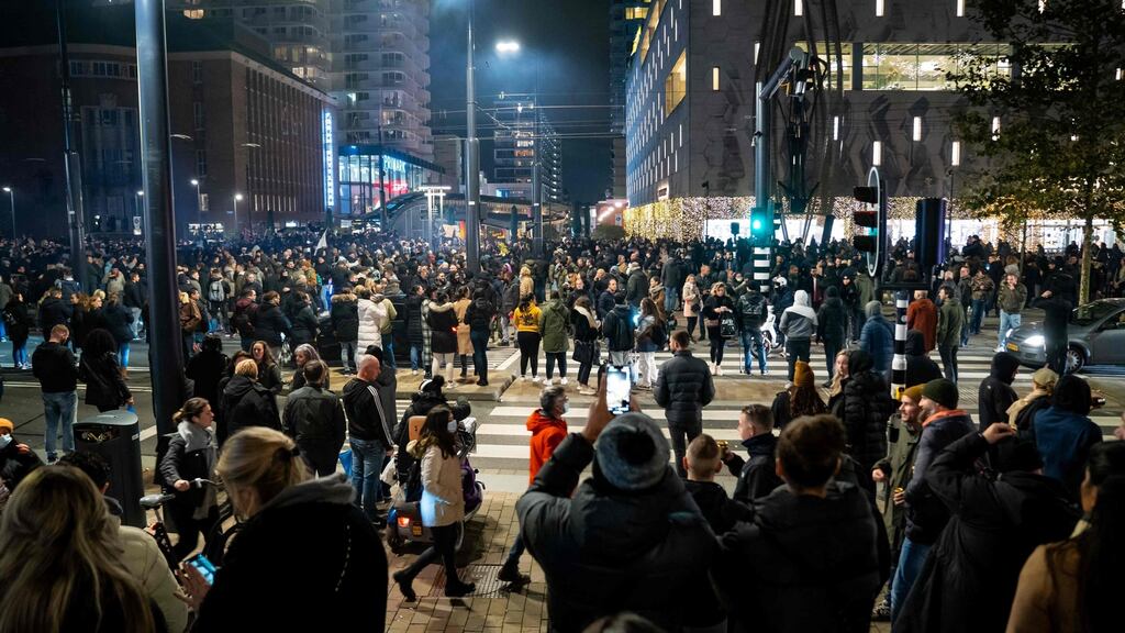 Police issued an emergency ordinance in Rotterdam, shutting down public transportation and ordering people to go home. Photograph: Killian Lindenburg/EPA/Getty
