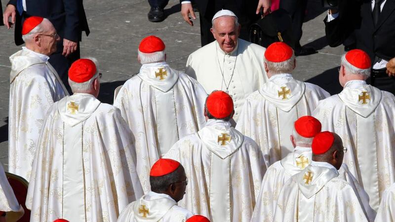 Pope Francis greets cardinals at the end of a Mass for the beatification of Pope Paul VI in St Peter’s Square at the Vatican. Photograph: Tony Gentile/Reuters