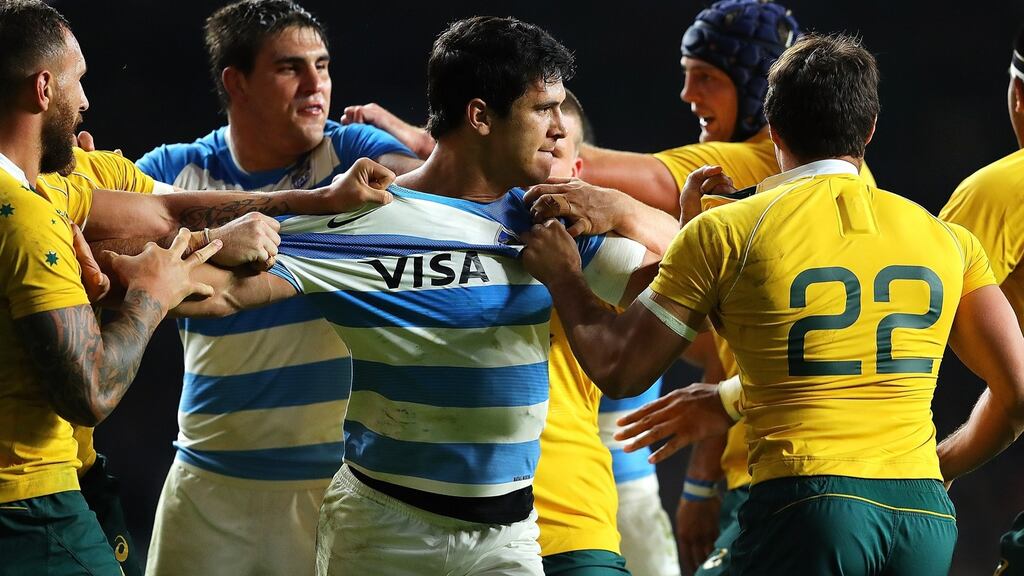 Matias Moroni of Argentina clashes with Nick Phipps after the  Australia player shoved one of the Argentina physios during the Rugby Championship game at Twickenham. Photograph:  Warren Little/Getty Images)