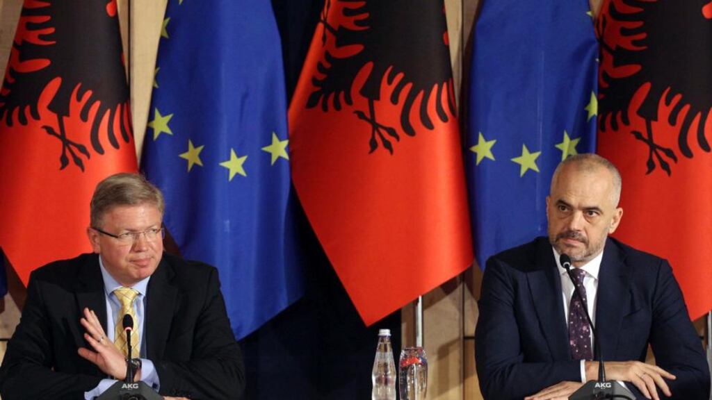 EU enlargement commissioner Stefan Fühle (left) attends a news conference with Albania’s prime minister Edi Rama in Tirana on Wednesday. The European Commission recommended Albania be granted candidate status to the European Union. Photograph: Arben Celi/Reuters
