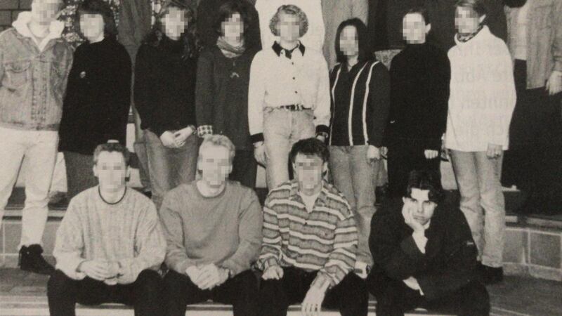 A 1996 yearbook photo of Tobias Rathjen, bottom right, who is suspected of killing 10 people and himself in Hanau, Germany. Photograph: Handout Photo via Getty