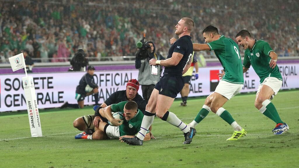 Ireland wing Andrew Conway scores the fourth Ireland try in the side’s 27-3 win over Scotland. Photograph: Stu Forster/Getty Images
