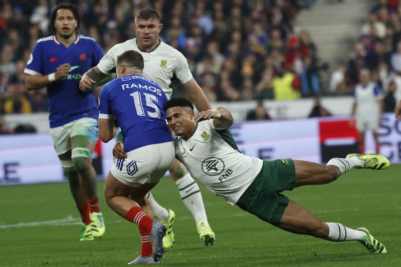 Thomas Ramos (R) of France in action against Sacha Feinberg-Mngomezulu (R) of South Africa. Photograph: Mohammed Badra/EPA