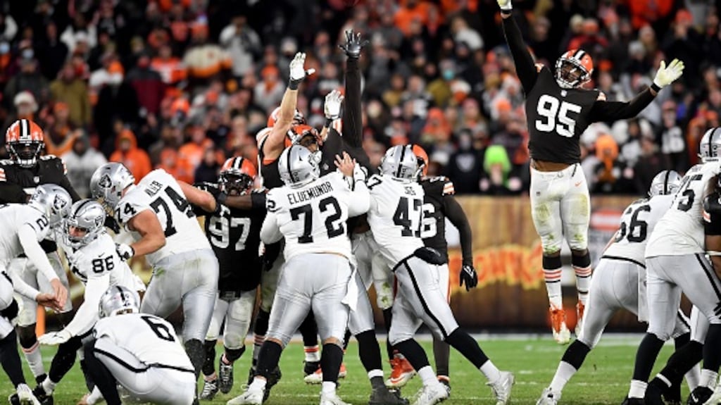 Daniel Carlson nailed a game-winning field goal for Las Vegas. Photograph:  Nick Cammett/Getty Images