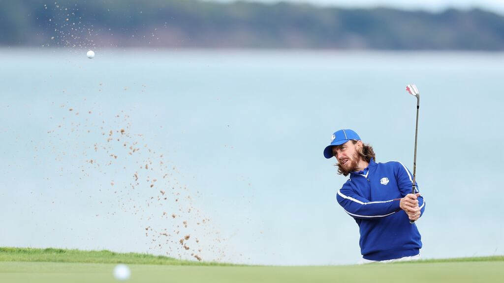 Tommy Fleetwood plays a shot from a bunker on the 16th hole during a practice round prior to the 43rd Ryder Cup at Whistling Straits. Photo: Richard Heathcote/Getty Images