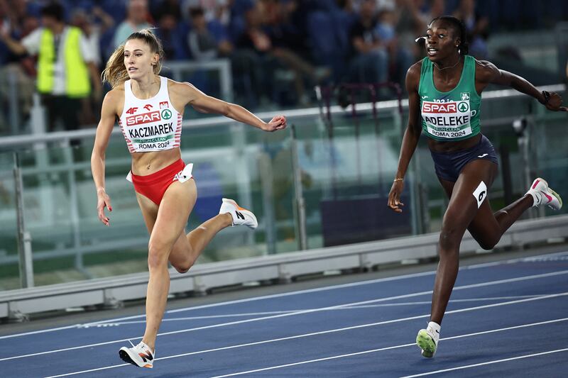 Poland's Natalia Kaczmarek pips Ireland's Rhasidat Adeleke for the 400m gold at the European Athletics Championships in Rome. Photograph: Getty Images