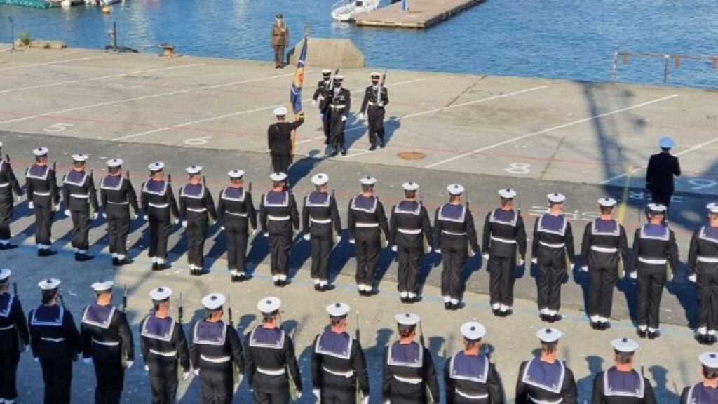 Naval Service personnel at at Dún Laoghaire Pier on Wednesday morning as part of the 75th Anniversary celebrations. Image: Dún Laoghaire-Rathdown County Council/Twitter