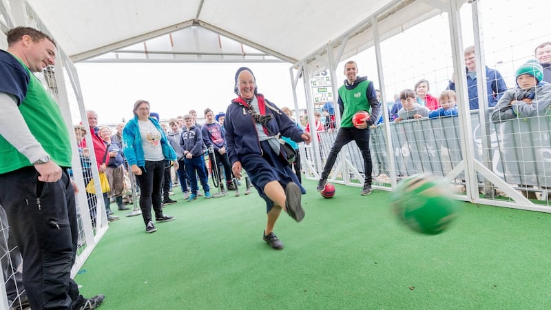 Sister Carmen from Fairview in Dublin trying a penalty shoot-out at the NDC stand.