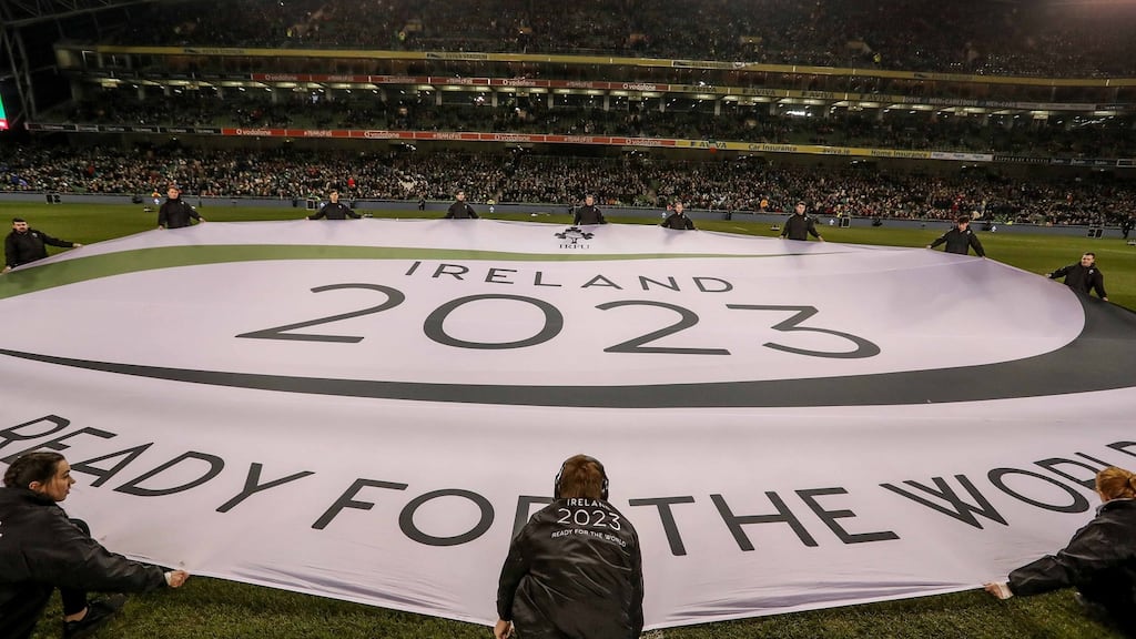 A banner for Ireland 2023 Rugby World Cup is displayed in the Aviva Stadium. Photograph: Billy Stickland/INPHO