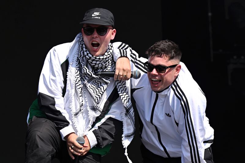 Kneecap's Mo Chara and Móglaí Bap performing at the recent Glastonbury Festival in England. Photograph: Leon Neal/Getty