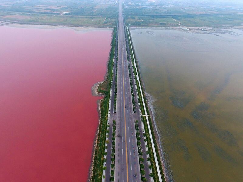 Red and green salt water either side of a road crossing a salt lake in Yuncheng, Shanxi Province of China. Photograph: Visual China Group via Getty