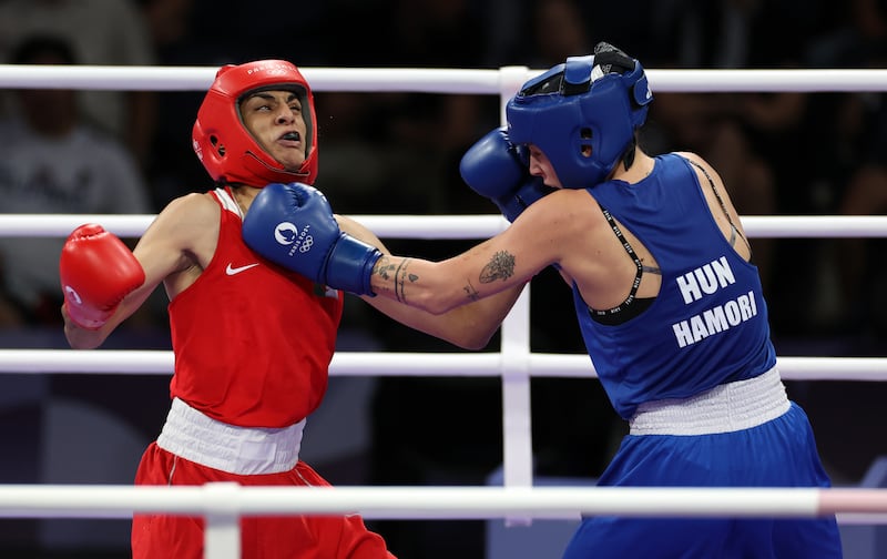 Algeria's Imane Khelif (left) in action against Hungary's Luca Anna Hamori during the Women's 66kg quarter-final. Photograph: Isabel Infantes/PA