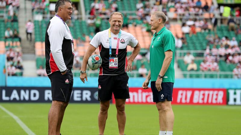 Japan coach Jamie Joseph and attack coach Tony Brown with Joe Schmidt ahead of kick-off. Photograph: Dan Sheridan/Inpho