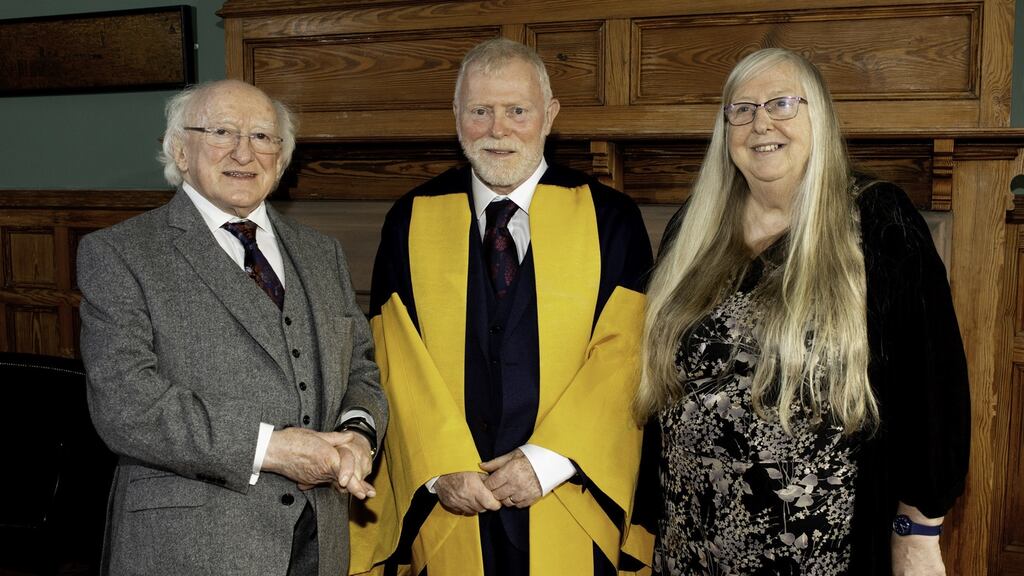 President Michael D Higgins, Frank Ormsby and Eiléan Ní Chuilleanáin at the announcement of Ormsby as Ireland Professor of Poetry, 2019-2022.