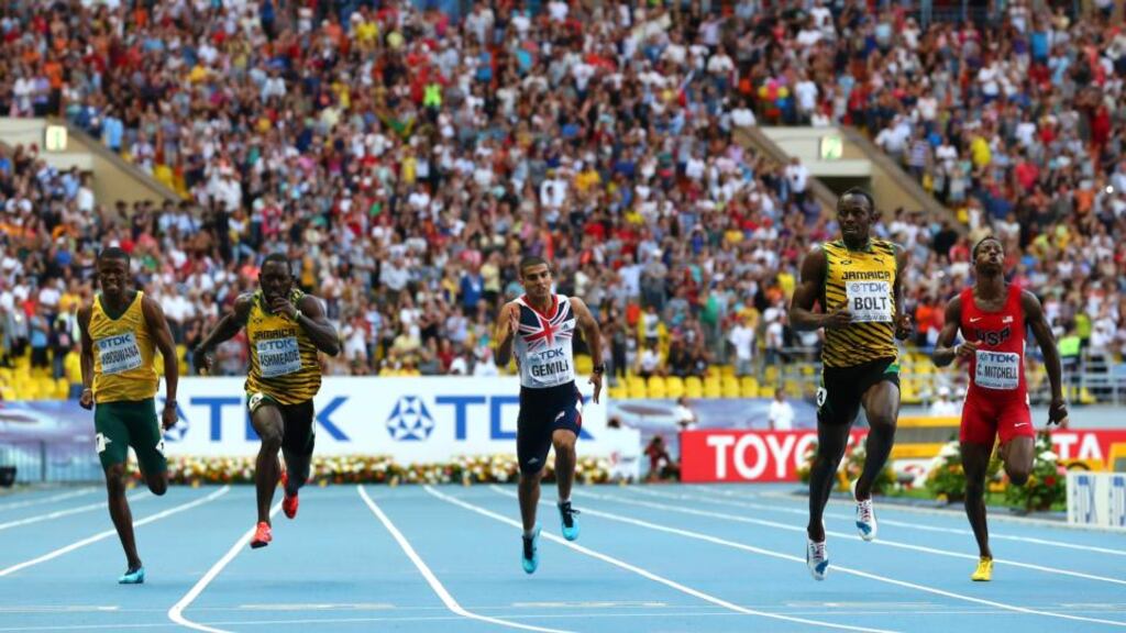 (l-r) Anaso Jobodwana of South Africa, Nickel Ashmeade of Jamaica, Adam Gemili of Great Britain, Usain Bolt of Jamaica and Curtis Mitchell of the United States compete in the Men’s 200m final in Moscow. Photograph: Jamie Squire/Getty Images