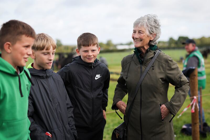 Presidential candidate and Independent TD for Galway West, Catherine Connolly, meets with Matthew McGowan, Rory Houlihan, Jeff O’Brien, from Belgooly, Co Cork at the National Ploughing Championships on Tuesday. Photograph: Dan Dennison