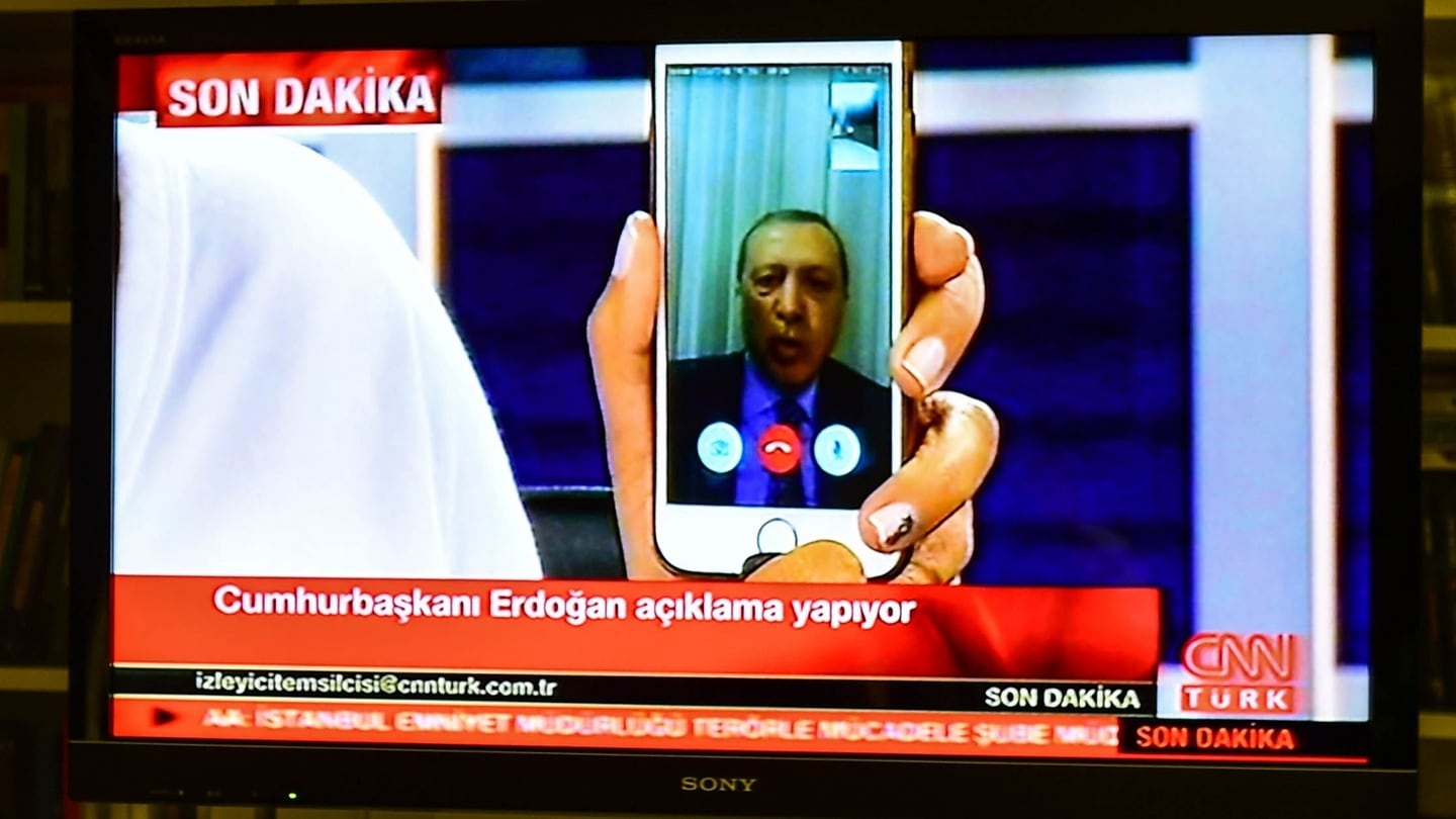 Turkish president Recep Tayyip Erdogan speaks on CnnTurk via facetime call in Istanbul, Turkey. Photograph: Burak Kara/Getty Images