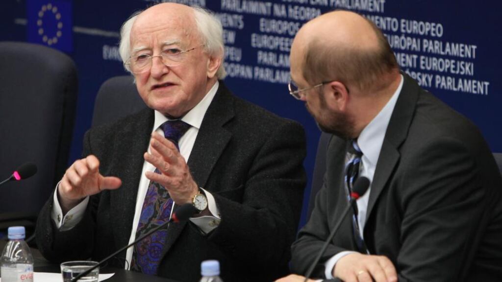 President Michael D Higgins and European Parliament president Martin Schulz address journalists during a press briefing at the European Parliament in Strasbourg on Wednesday. Photograph: Fred Marvaux