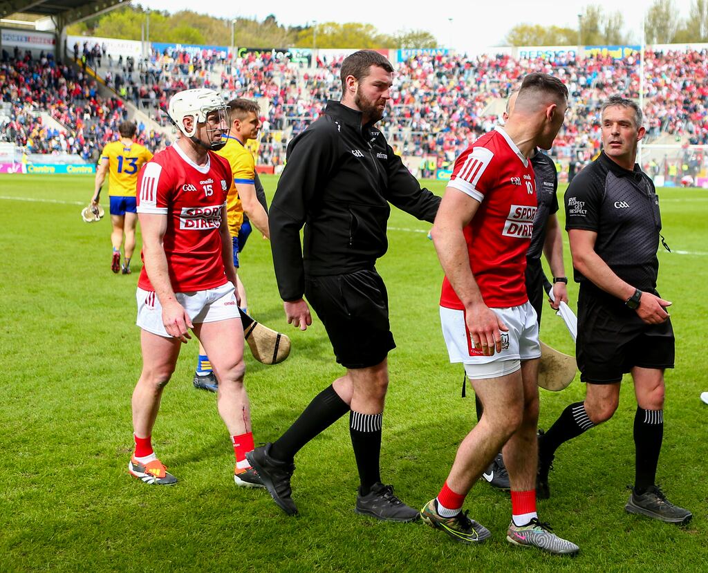Referee James Owens is confronted by Cork’s Declan Dalton following the championship defeat to Clare at Páirc Uí Chaoimh. Photograph: Ken Sutton/Inpho