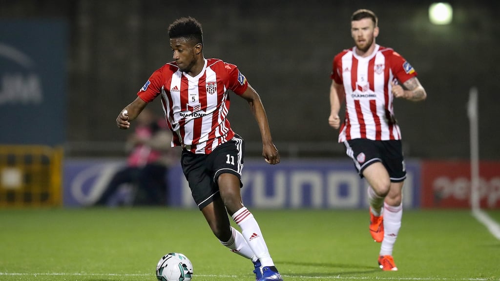 Junior Ogedi-Uzokwe opened the scoring for Derry City in the EA Sports Cup tie against Longford Town at the Brandywell. Photograph: Ryan Byrne/Inpho