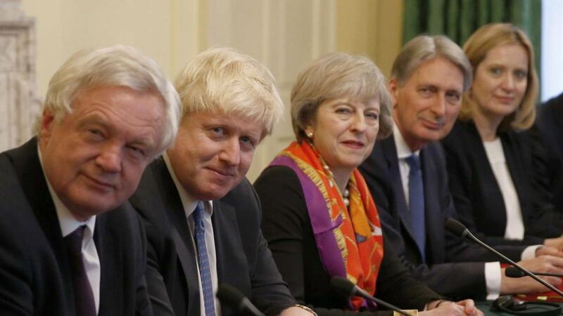 Conservative contenders: David Davis, Boris Johnson, Philip Hammond and Amber Rudd flank the British prime minister, Theresa May. Photograph: Peter Nicholls/AFP/Getty
