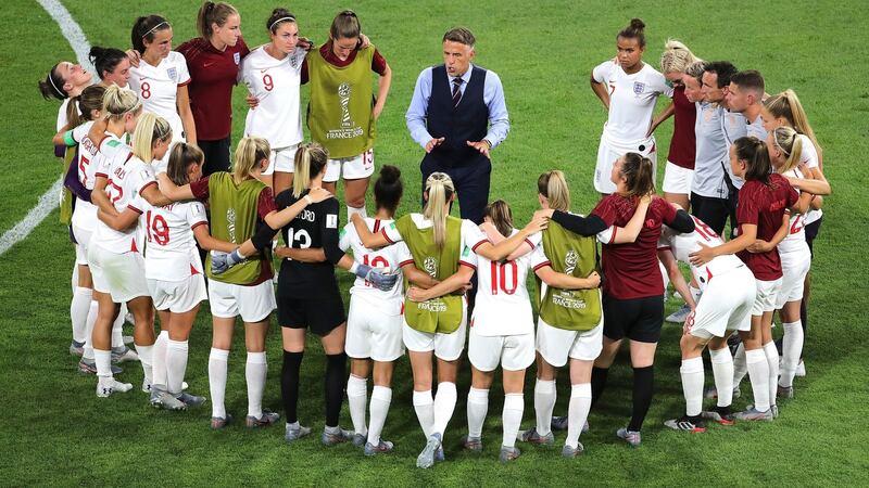 Phil Neville speaks to his England side after the World Cup semi-finals. Photograph: Richard Sellers/PA