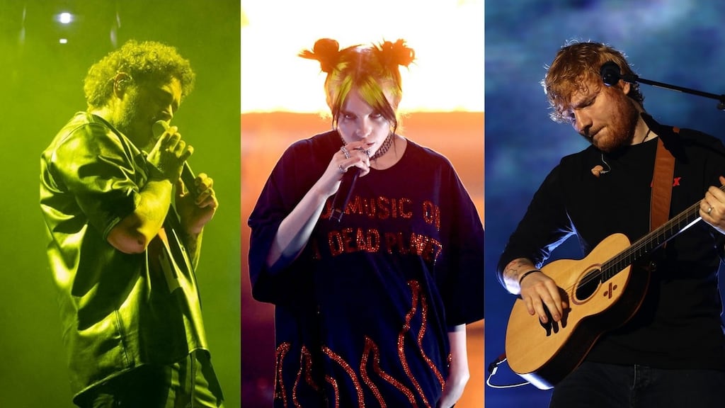 Ireland’s most-streamed artists on Spotify: Post Malone, Billie Eilish and Ed Sheeran. Photographs: Emma McIntyre/Getty, Kevin Winter/Getty and Phil Walter/Getty