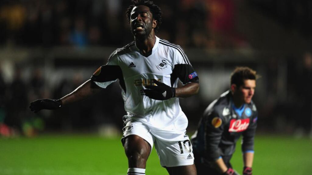Swansea’s Wilfried Bony reacts after a near miss during the game against Napoli.