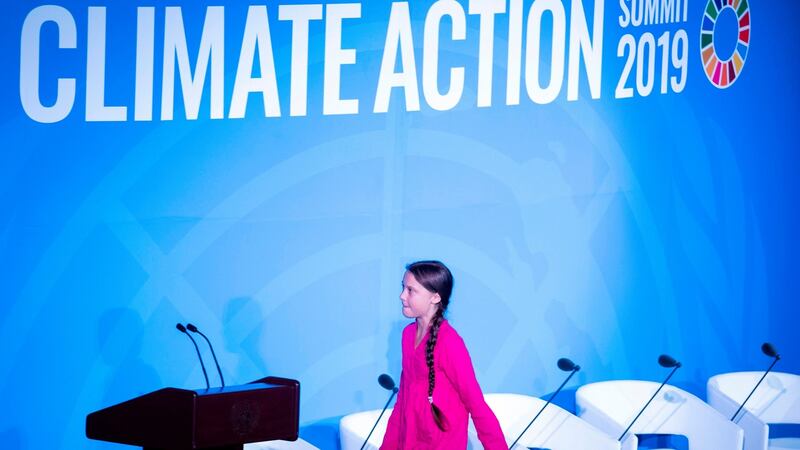 Youth Climate activist Greta Thunberg leaves after speaking at the UN Climate Action Summit on September 23, 2019 at the United Nations Headquarters in New York City. JOHANNES EISELE/AFP/Getty Images